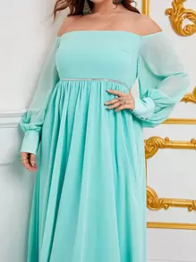 Plus Off Shoulder Lantern Sleeve Chiffon Formal Dress - Mint Green - View 4