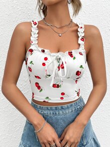 SHEIN MOD Áo khoác và áo lót dành cho xe tăng nữ viền lá sen Thắt nơ trước Rau quả Giải trí - trắng - Xem 2