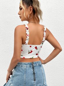 SHEIN MOD Áo khoác và áo lót dành cho xe tăng nữ viền lá sen Thắt nơ trước Rau quả Giải trí - trắng - Xem 5