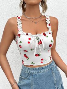 SHEIN MOD Áo khoác và áo lót dành cho xe tăng nữ viền lá sen Thắt nơ trước Rau quả Giải trí - trắng - Xem 3