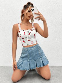 SHEIN MOD Áo khoác và áo lót dành cho xe tăng nữ viền lá sen Thắt nơ trước Rau quả Giải trí - trắng - Xem 4