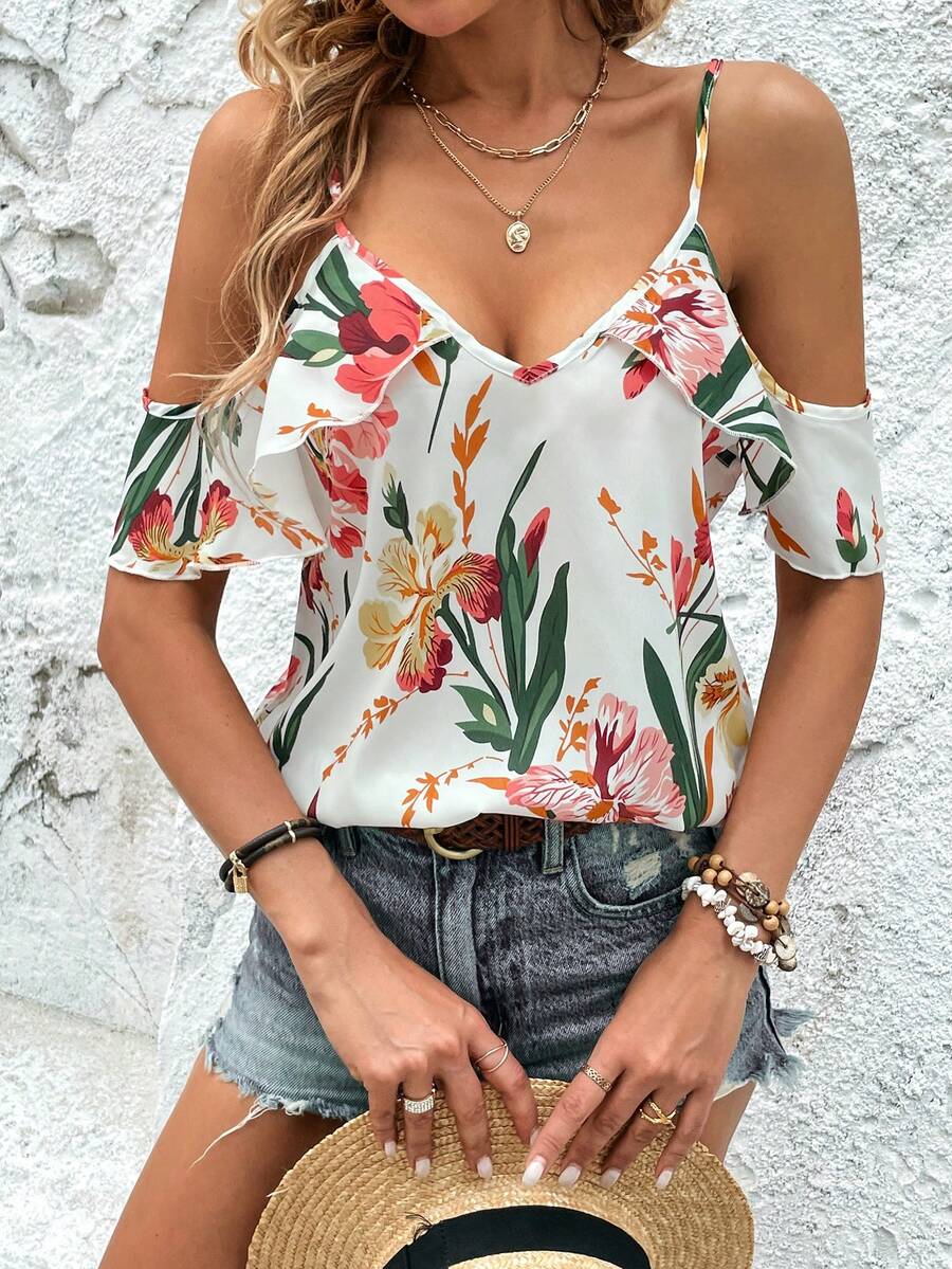 SHEIN VCAY 印花荷葉邊挖肩襯衫 - 白色 - 查看 1