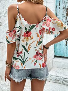 SHEIN VCAY 印花荷葉邊挖肩襯衫 - 白色 - 查看 2