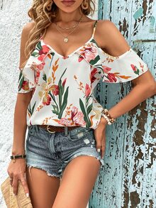 SHEIN VCAY 印花荷葉邊挖肩襯衫 - 白色 - 查看 3