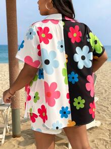SHEIN Qutie Plus Floral Print Batwing Sleeve Blouse & Shorts - Multicolor - View 2