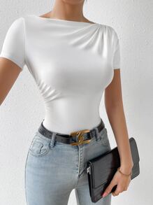 Firerie Solid Ruched Detail Boat Neck Tee