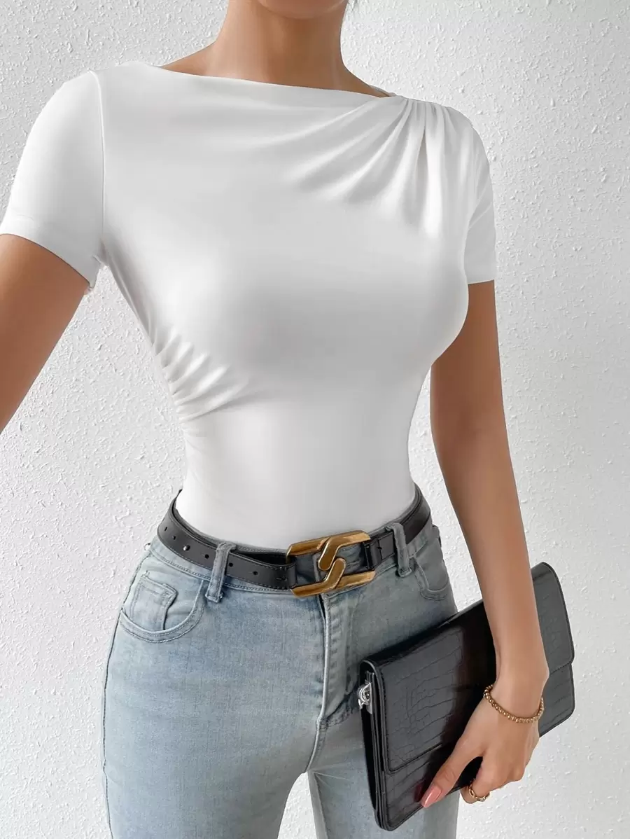 Firerie Solid Ruched Detail Boat Neck Tee