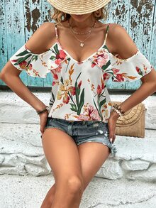 SHEIN VCAY 印花荷葉邊挖肩襯衫 - 白色 - 查看 6