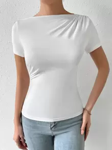 Firerie Solid Ruched Detail Boat Neck Tee