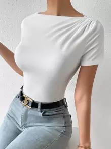 Firerie Solid Ruched Detail Boat Neck Tee