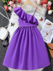 SHEIN Vestidos para niñas Asimétrico Volante Liso Dulce - Morado - Ver 2
