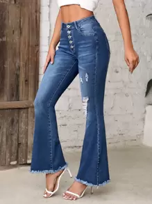 Button Fly Ripped Raw Hem Flare Leg Jeans - Medium Wash - View 1