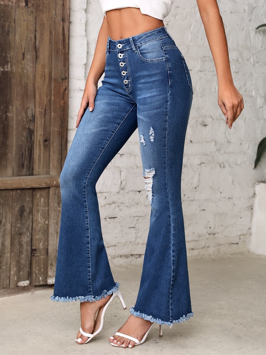 Button Fly Ripped Raw Hem Flare Leg Jeans - Medium Wash - View 1