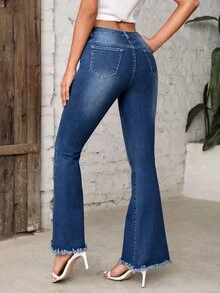 Button Fly Ripped Raw Hem Flare Leg Jeans - Medium Wash - View 2