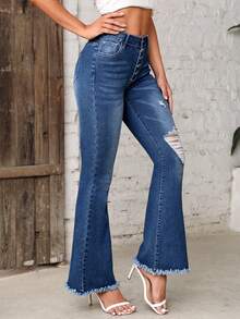 Button Fly Ripped Raw Hem Flare Leg Jeans - Medium Wash - View 4