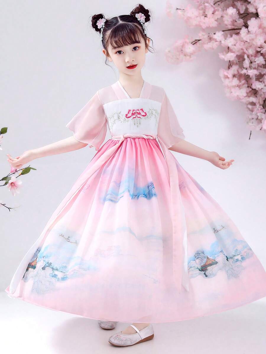 Vestido Hanfu de manga ancha de gasa con estampado Ombre para niña pequeña, adecuado para jugar al aire libre, reunirse y actuar - Multicolor - Ver 1