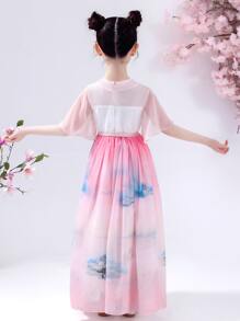 Vestido Hanfu de manga ancha de gasa con estampado Ombre para niña pequeña, adecuado para jugar al aire libre, reunirse y actuar - Multicolor - Ver 2