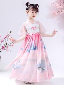 Vestido Hanfu de manga ancha de gasa con estampado Ombre para niña pequeña, adecuado para jugar al aire libre, reunirse y actuar - Multicolor - Ver 3