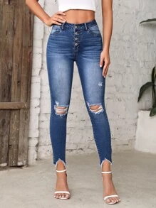 SHEIN LUNE Button Fly Ripped Raw Hem Skinny Jeans - Dark Wash - View 3