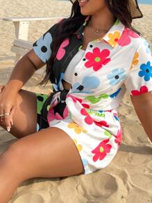 SHEIN Qutie Plus Floral Print Batwing Sleeve Blouse & Shorts - Multicolor - View 5