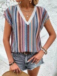 SHEIN VCAY Kontrast Spets Geometrisk Stam- Boho Blus - Multifärgad - Visa 5
