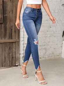 SHEIN LUNE Button Fly Ripped Raw Hem Skinny Jeans - Dark Wash - View 5