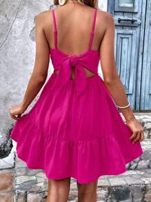 SHEIN VCAY Twist Front Cut Out Ruffle Hem Cami Dress - Hot Pink - View 2