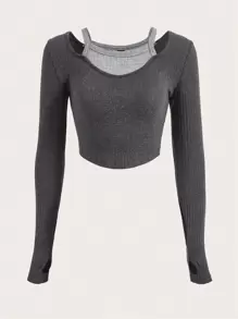 SHEIN EZwear 假兩件撞色羅紋針織手帕下擺短款T恤 - 深灰色 - 查看 1