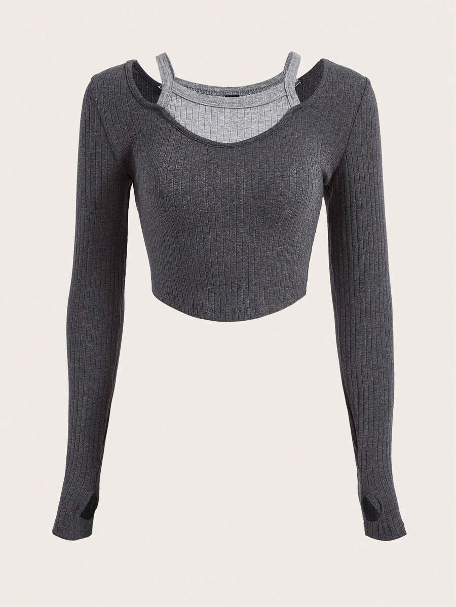 SHEIN EZwear 假兩件撞色羅紋針織手帕下擺短款T恤 - 深灰色 - 查看 1