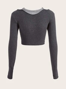 SHEIN EZwear 假兩件撞色羅紋針織手帕下擺短款T恤 - 深灰色 - 查看 2