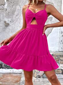 SHEIN VCAY Twist Front Cut Out Ruffle Hem Cami Dress - Hot Pink - View 7