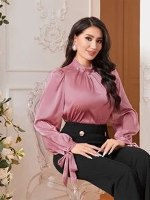 Modelyn Áo sơ mi nữ cườm đính Nút viền lá sen Thắt nút Ngọc trai màu trơn Thanh lịch - Bụi hồng - Xem 4