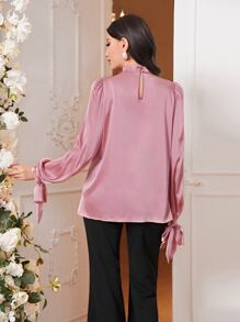 Modelyn Áo sơ mi nữ cườm đính Nút viền lá sen Thắt nút Ngọc trai màu trơn Thanh lịch - Bụi hồng - Xem 2