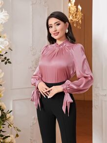 Modelyn Áo sơ mi nữ cườm đính Nút viền lá sen Thắt nút Ngọc trai màu trơn Thanh lịch - Bụi hồng - Xem 5
