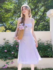 Tie Shoulder Slit Thigh Shirred Back Cami Dress - Lilac Purple - View 5