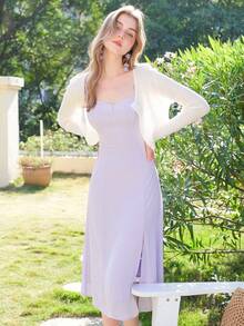 Tie Shoulder Slit Thigh Shirred Back Cami Dress - Lilac Purple - View 7