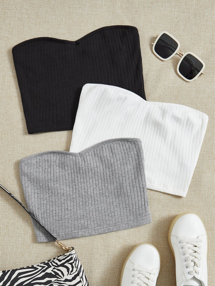 SHEIN EZwear 3 Packs Rib-Knit Crop Tube Top - Multicolor - View 1