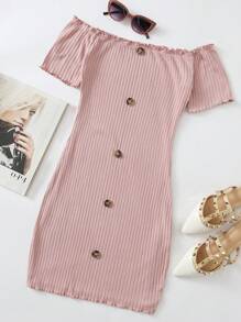 SHEIN Unity Vestido de hombros descubiertos de borde en forma de lechuga con botón delantero - Rosa vieja - Ver 1