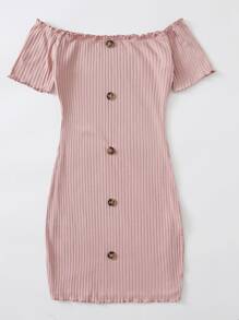 SHEIN Unity Vestido de hombros descubiertos de borde en forma de lechuga con botón delantero - Rosa vieja - Ver 5