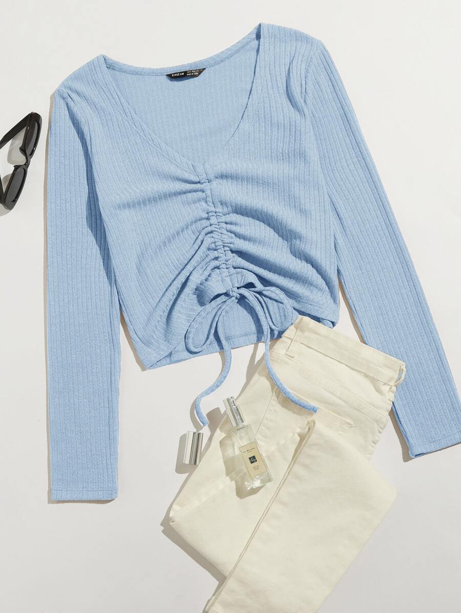 SHEIN Qutie Camiseta tejida de canalé con cordón delantero - Celeste - Ver 1