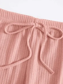 SHEIN EZwear Rib-knit Top & Knot Waist Leggings Set - Coral Pink - View 3