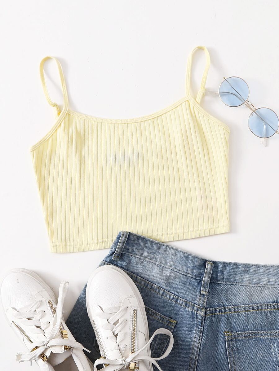 SHEIN EZwear Rib-knit Crop Cami Top - Yellow - View 1