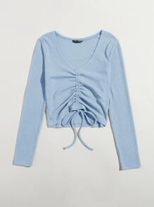 SHEIN Qutie Camiseta tejida de canalé con cordón delantero - Celeste - Ver 4
