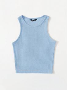 SHEIN EZwear Camiseta sin mangas de canalé liso - Celeste - Ver 4