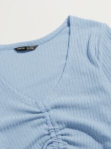 SHEIN Qutie Camiseta tejida de canalé con cordón delantero - Celeste - Ver 5