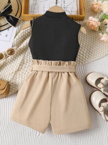 少女圓領背心上衣＆紙袋腰帶短褲 - 彩色 - 查看 2