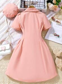 Girls Double Breasted Puff Sleeve Pleated Detail Dress - Baby Pink - View 2