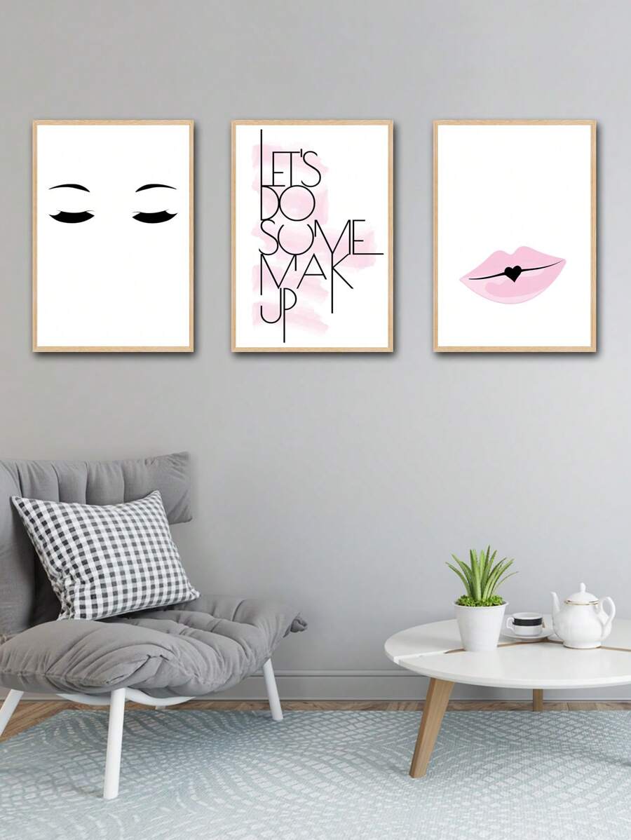 3-Panel Modern And Retro Style Makeup-Themed Wall Art Set With Pink ...