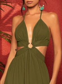 Travachic 後背繫帶環鏈鏤空高衩吊帶連衣裙 - 軍綠色 - 查看 5