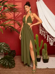 Travachic 後背繫帶環鏈鏤空高衩吊帶連衣裙 - 軍綠色 - 查看 6